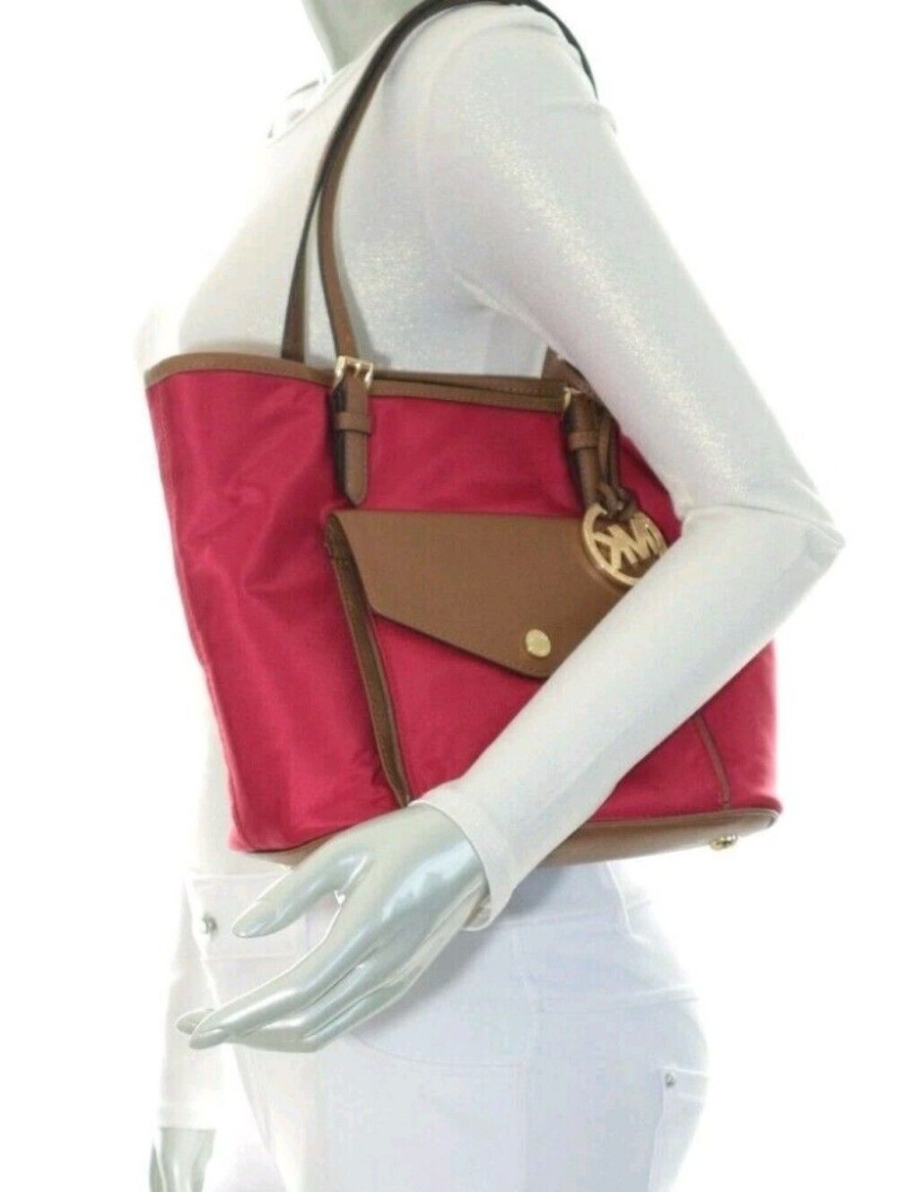 🆕️👜Michael Kors Jet Set Large Nylon Pocket Multifunction Tote, Red/Brown